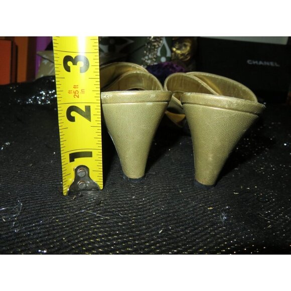 Escada Vintage Gold Satin & Leather Kitten Heeled Mules Sandals size 6 B - Picture 4 of 9